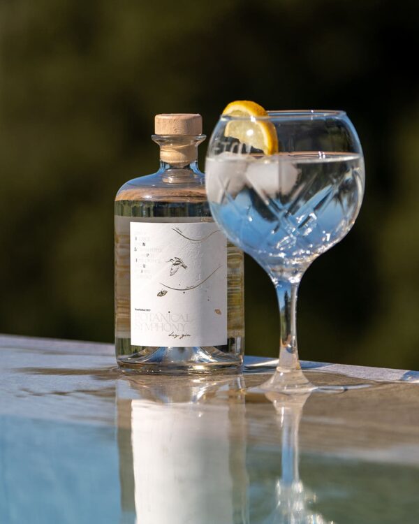 Botanical Symphony Dry Gin beside a crystal gin glass garnished with a lemon slice, placed on a reflective surface outdoors under bright sunlight.
